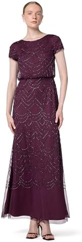 Adrianna Papell Womens Short Sleeve Blouson Beaded Gown