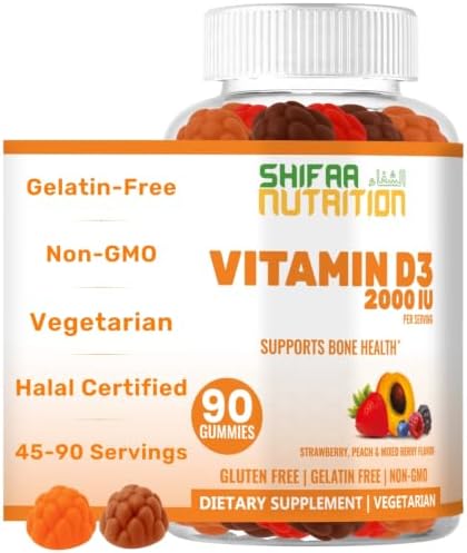 SHIFAA NUTRITION Vegetarian Vitamin D3 Gummies for Adults & Kids | 45-90 Servings, 2, 000IU / 1, 000IU | Non-GMO, Gluten-Free