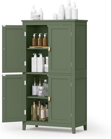 SONGMICS HOME Freestanding Storage Cabinet, Floor Cabinet with Elevated Legs, Metal Handles, for Living Room, Kitchen, Bathroom, Green