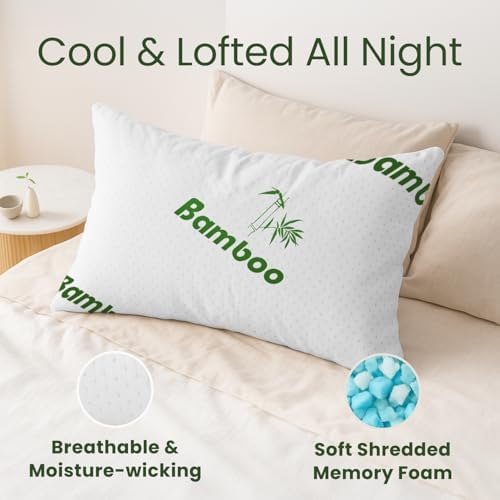 Memory Foam Pillows Queen Size Set of 2 - Cooling Bed Pillows for Sleeping - Back, Stomach, Side Sleeper Firm, Comfy Cool Shredded - 2 Pack, Rayon Derived from Bamboo