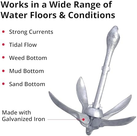 SeaSense Folding Grappling Anchor - Ideal for Fishing Vessels, Dinghies, Kayaks, Canoes & More, Great for Strong Currents & Sandy