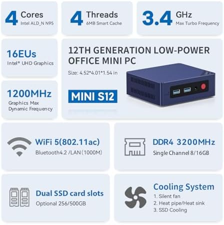 Beelink Mini PC, MINI S12 Intel Lake N95 4C/4T, 8GB DDR4 RAM 256GB SSD