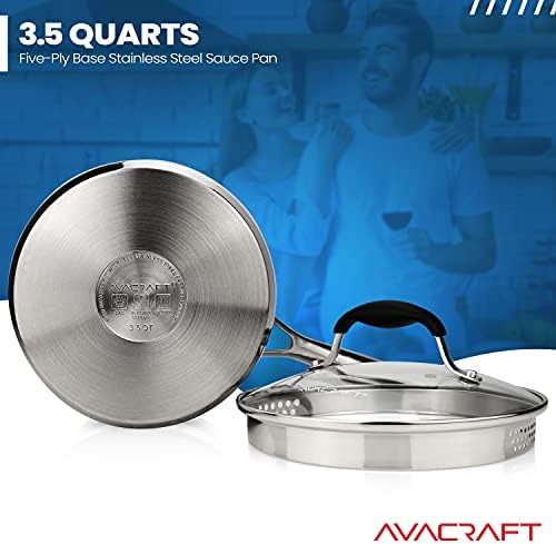 AVACRAFT 2.5 Quart Stainless Steel Saucepan with Glass Strainer Lid | 18/10 Stainless Steel, 5-Ply Capsule Base, Dual Pour Spouts, Induction Compatible, Ergonomic Handle, Dishwasher Safe