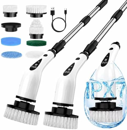 Electric Spin Scrubber, 3-Speed Flat End Brush with 8 Brush Heads & Base, IPX7 Waterproof, Adjustable Long Handle, Digital Display, 2500mAh Fast Charging, for Bathroom, Tub, Tile, Floor