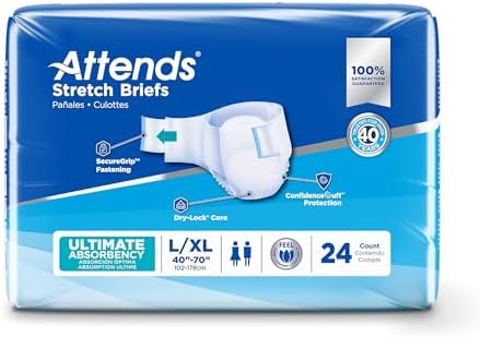 Attends Stretch Adult Incontinence Disposable Briefs, Large/X-Large, 40"-70" Waist with SecureGrip Tab Closure, Ultimate Absorbency with Dry-Lock Containment Core and Breathable Side Panels, 96ct Case