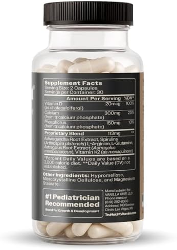 TruHeight Growth Capsules - Tall Nutrition for Natural Growth Supplement for Kids & Teens - Pediatric Vitamin D, K, Calcium & Ashwagandha - Bone Strength - Kids Vitamins D3 K2 Pills, Taller Ages 5+