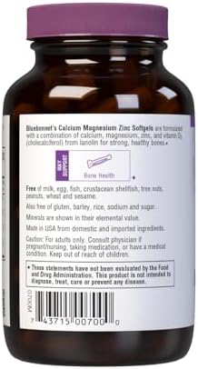 Bluebonnet Nutrition Calcium Magnesium Zinc Plus Vitamin D3, 1000 mg of Calcium, 500 mg of Magnesium and 15 mg of Zinc, 400IU Vitamin D3, For Strong Healthy Bones*, Gluten-Free, Dairy-Fee, 120 softgel | Third-party tested for purity and potency; manufact…