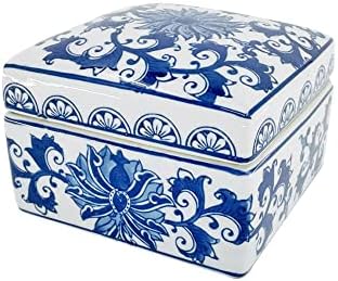 Blue & White China Lotus Floral Pattern Chinoiserie Square Ceramic Storage Box Jewelry Trinkets Organizer