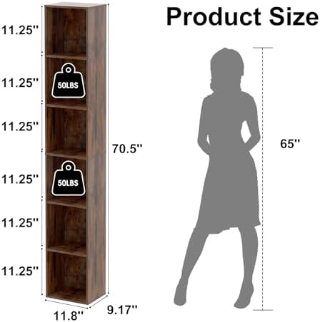 6-Tier Tall Narrow Bookshelf, 70.5" Skinny Thin Bookcase, Brown | Corner Shelf Slim Storage Cabinet