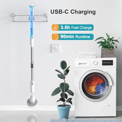 Ultrean Spin Brush, Cordless Electric Spin Scrubber with 4 Replaceable Brush Heads Adjustable Extension Handle