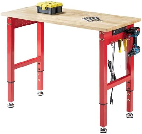 Albott 44 x 20-Inch Adjustable Workbench | 2000 Lbs Capacity, Solid Rubber Wood Top, Power Outlets and Hooks, for Garage, Workshop and Home Office, Black