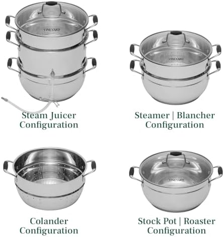 VINEYARD Deluxe Stainless Steel Steam Juicer & Roaster Set - Induction Friendly, Tempered Glass Lid, Cool-Touch Handles, 8 Quart Capacity