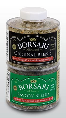 Borsari Seasoned Salt Combo - Multi-Use All Purpose Original and Orange Ginger Seasonings - Gourmet Sea Salt Blends With Herbs and Spices - Set of 2, 4 oz Shaker Bottles