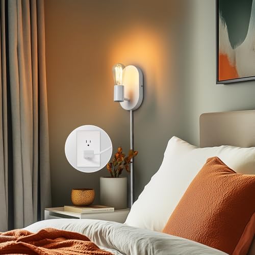 Globe Electric 65000134 1-Light Plug-in or Hardwire Wall Sconce, Matte White, 6ft White Fabric Covered Cord, Inline On/Off Rocker Switch, Bedroom