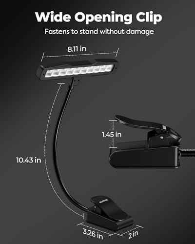 Kootek Music Stand Light Clip-on Piano Lamp Rechargeable Book Light, 10 LED | Adjustable Brightness, 360° Flexible Neck, Clip-on&freestanding