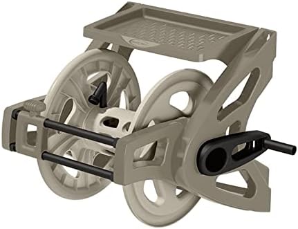 Suncast Slide Trak Garden Hose Reel, Wall-Mount Holder with Storage Tray, Dark Taupe - Outdoor Mounted Organizer for 175 Ft of 5/8" Standard Vinyl Water Hoses in Lawn and Yard