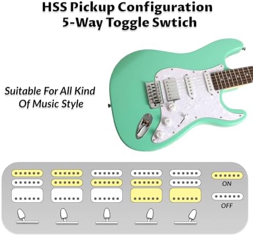 Fojill HSS Pickup 39 Inch Full Size Electric Guitar Kit Set Beginner Starter Combo Package Bundle 10W Battery Power Bluetooth Amplifier Amp Bag, Picks