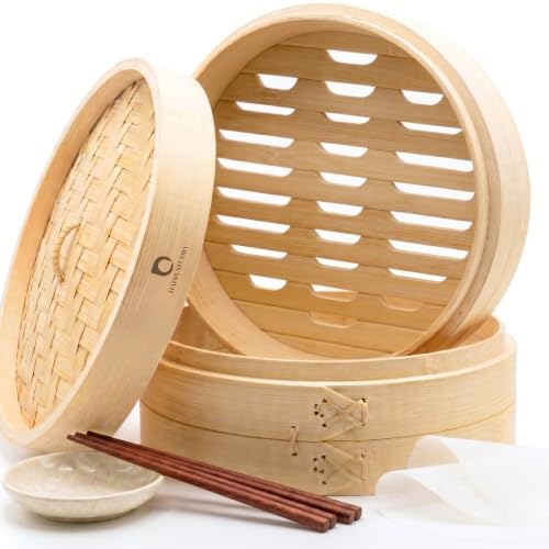 HAPPI STUDIO Bamboo Steamer Basket 10 Inch, Extra Deep Dumpling Steamer Set