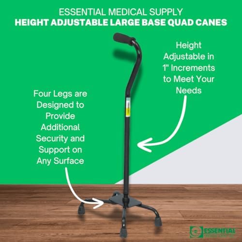 Essential Medical Supply Small Base Quad Cane in Black - Height Adjustable Walking Cane, Sturdy and Durable Walking Cane for Improved Mobility and Stability with 4 Prong Base and Rubber Tips