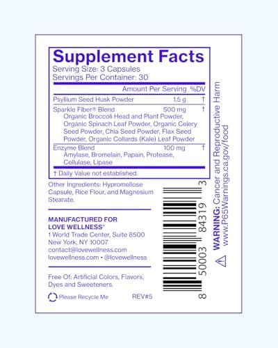 Love Wellness Sparkle Fiber| Fiber Supplement with Digestive Enzymes| 90 Ct