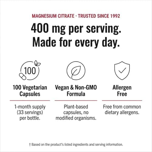Olympian Labs Magnesium Citrate 400mg - 300 Capsules - Easy Absorbable, Supporting Healthy Bones, Healthy Heart and Calcium Absorption