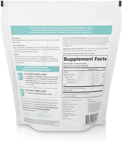 Himalaya USDA Organic Psyllium Whole Husk Powder, Natural Daily Fiber Supplement, Regularity, Appetite Management, Non-GMO, 56-Tablespoon Supply, Unflavored, 12 Oz