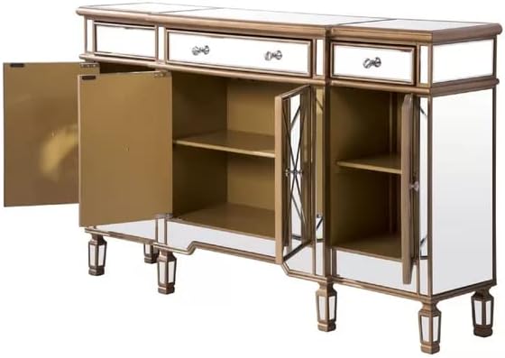 60 Inch Gold Wood Frame Mirrored Panels Andrea Storage Sideboard Buffet Cabinet for Living Room