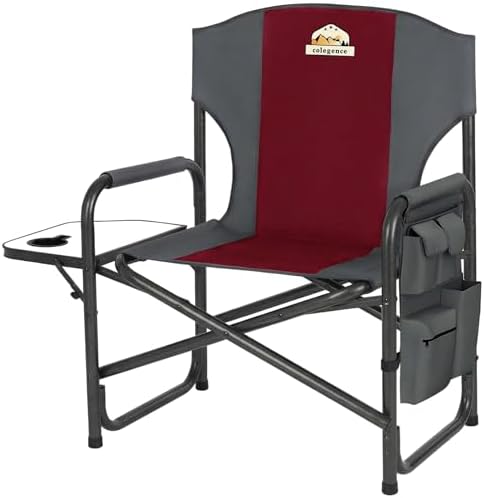 Colegence Oversized Directors Camping Chair for Adults, 600 lb, Black | Heavy duty folding outdoor chair with 28" wide seat, supportive back, side table, cup holder and detachable storage pocket
