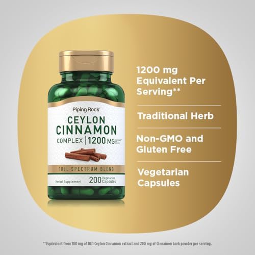 Piping Rock Ceylon Cinnamon Capsules | 200 Count | Complex Herbal Extract Supplement for Women and Men | Vegetarian, Non-GMO, Gluten Free