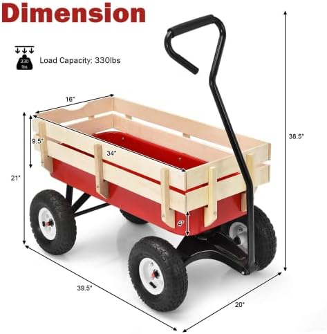 ReunionG Garden Cart with Free-Rotating Wood Railing, Kids Outdoor Wagon with Rubber Wheels, All Terrain Cargo Wagon with 330lbs Weight Capacity, Red