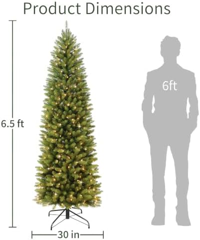 Puleo International 7.5ft Pre-Lit Fraser Fir Pencil Christmas Tree with 350 Clear Lights, 1188 Realistic Dense Branch Tips, Easy Setup Artificial Trees with Sturdy Metal Stand