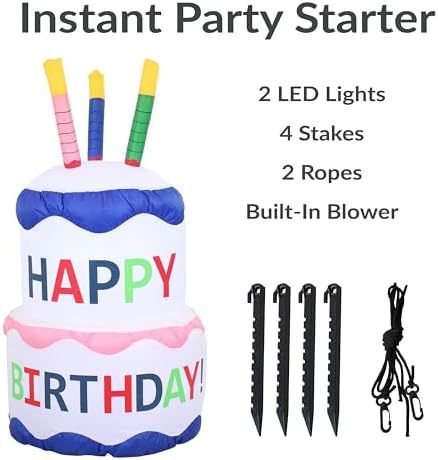 Sunnydaze 4-Foot Happy Birthday Cake Inflatable Decoration - Fan Blower and LED Lights