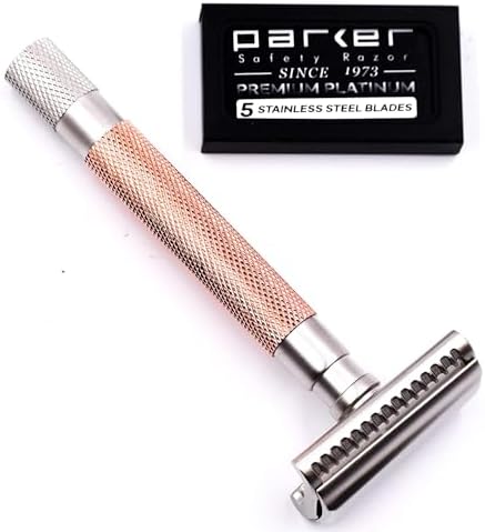 Parker Semi-Slant Safety Razor – Satin Chrome Finish | Smooth, Efficient Double Edge Wet Shaver for Men | Slanted Cutting Action + 5 Platinum Blades Included | Iconic Brand