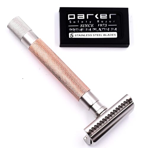 Parker Semi-Slant Safety Razor – Satin Chrome Finish | Smooth, Efficient Double Edge Wet Shaver for Men | Slanted Cutting Action + 5 Platinum Blades Included | Iconic Brand