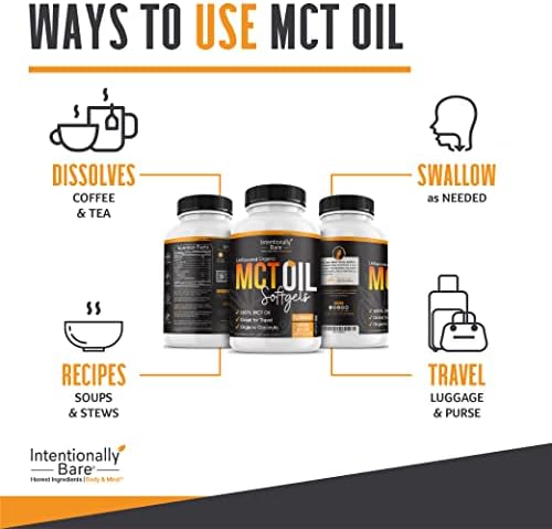 Intentionally Bare Organic MCT Oil Capsules - C8 & C10 Soft gels- 300 ct | Organic C8/C10 MCT oil pills, from 100% pure coconuts