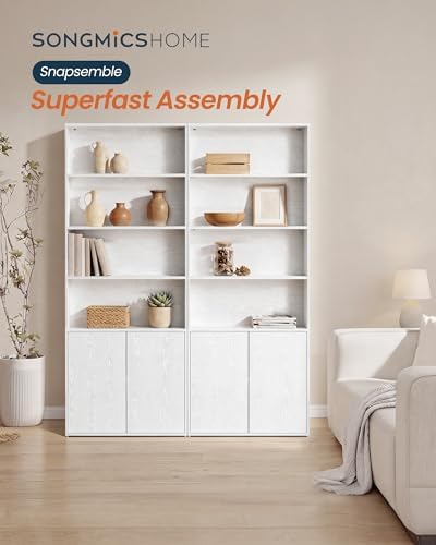 SONGMICS HOME Book Shelf, Snapsemble Superfast Assembly, 6-Tier Floor Standing Bookcase with Doors and Adjustable Shelves, 70.4 Inches Tall for Bedroom Study Living Room, Snow White