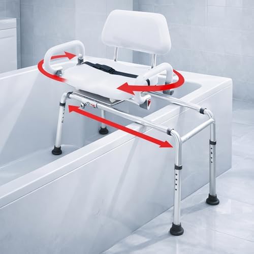 Carousel Sliding Shower Chair Tub Transfer Bench with Swivel Seat Elderly | Slide Safely In & Out of the Tub - Blue, padded seat, padded armrests, swivel seat, backrest, portable, tool-free assembly