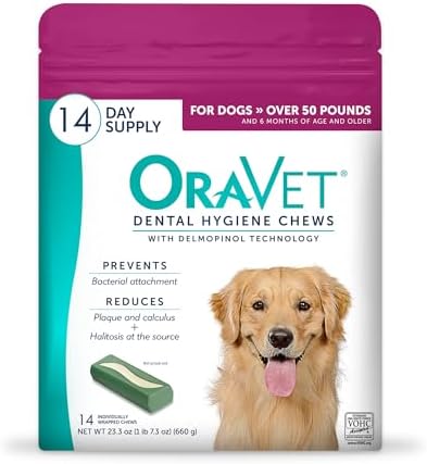 ORAVET Dental Chews for Dogs, Oral Care and Hygiene Chews (Large Dogs, Over 50 lbs.) Pink Pouch, 30 Count (Pack of 1) | VOHC-accepted dual-action chew reduces plaque & tartar, freshens breath barrier vet-recommended