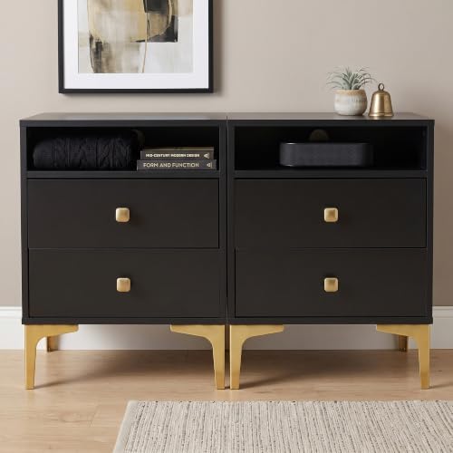 AILEEKISS Black Nightstands Set of 2 with Wireless Charger Station | Modern Bedside Tables Tall Night Stands Storage with 2 Drawers Metal Legs for