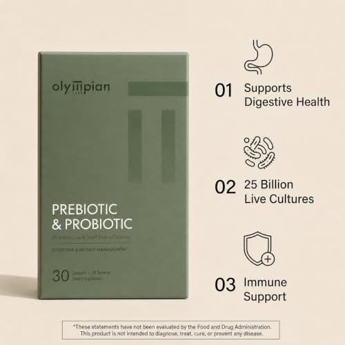 Olympian Labs Complete Prebiotic and Probiotic Supplement - 25 Billion Live Shelf Stable Cultures - 30 Vegetarian Capsules, Helps Restore the Natural Balance Within the Digestive Tract.