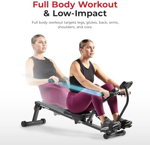 Sunny Health & Fitness Compact Hydraulic Rower with 12-Level Resistance | Full-Body Cardio, Joint-Friendly, Lightweight & Portable, Quiet & Smooth Ride, Easy-Assembly, Free SunnyFit App