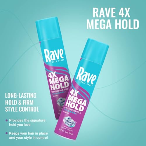 rave 4X Mega Unscented Aerosol Hairspray - Hair Spray for High Humidity Weather - 24-Hour Lasting Hold - Vitamin-Enhanced Hair Volume Spray - 11 oz