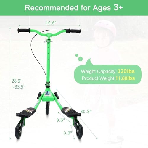 Swing Scooter for Kids, 3 Wheels Foldable Wiggle Kick Scooter Push Drifting with 4 Adjustable Handlebar & 2 Rear LED Wheel for Boys and Girls Ages 3-8