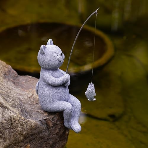 Goodeco Fisherboy Statue Garden Decor - 11" Little Fishing Guy for Koi Pond or Waterfalls, Poolside Statue with Glow in Dark Pebbles Included