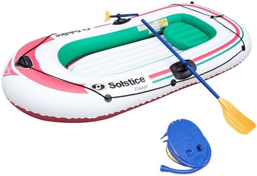 Solstice Voyager 4-Person Inflatable Fishing Boat with Dual Swivel Oar Locks and Rod -Holder, Motor Compatible 9' x 5'