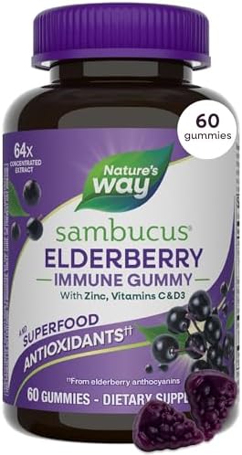 Nature's Way Sambucus Elderberry Gummies for Immune Support* Ages 4+, 60 ct | Immune Gummy with Black Elderberry Extract, Vitamin C, D3, Zinc