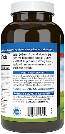 Carlson Solar D Gems, 2000 IU (50 mcg) Vitamin D3, Lemon, 360 Softgels | Vitamin D3 and Omega-3 Supplement, 115 mg Omega-3s EPA and DHA Supplement