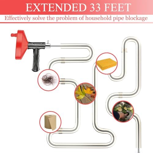 Drain Snake Auger 33 Ft, Plumbing Snake Drain Hair Clog Removal Tool, Heavy Duty Snake Auger