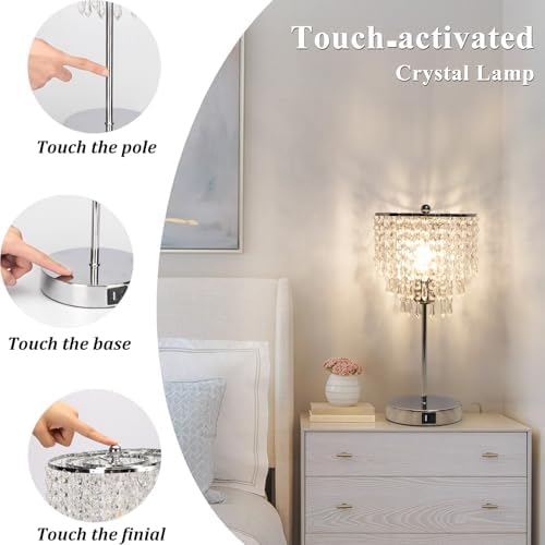 Touch Control Crystal Table Lamp with USB C+A Charging Ports, 3-Way Dimmable Bedside Touch Lamp Decorative Nightstand Lamp with Elegant Lampshade for Living Room Bedroom, B11 LED Bulb Included