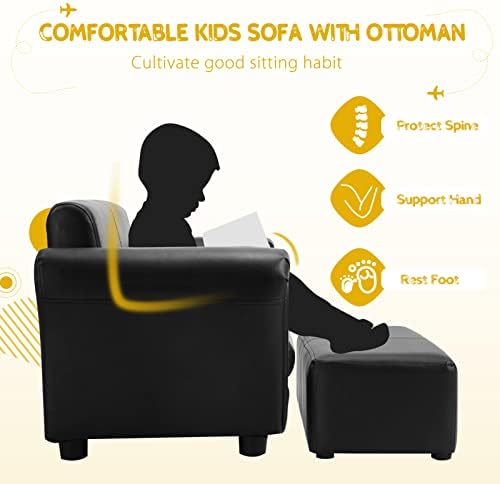 HONEY JOY Kids Sofa, 2 Seat Toddler Couch Lounge Bed with Ottoman, Sturdy Wood Construction